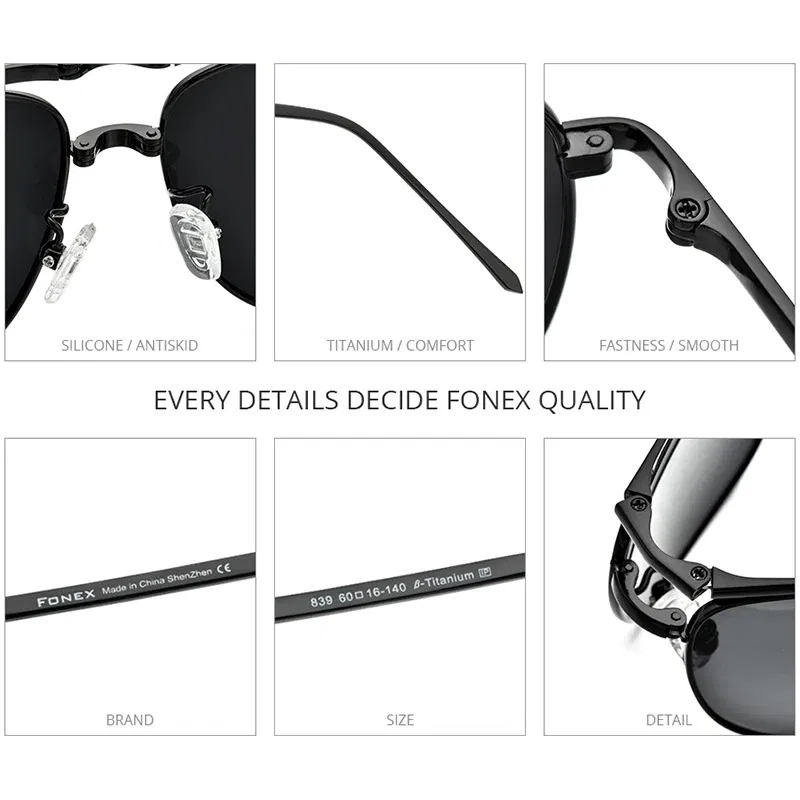 Lenses Color: Brown - FONEX Pure Titanium Polarized Sunglasses Men Folding Classic Square Sun Glasses for Men New High Quality Male Shades 839
