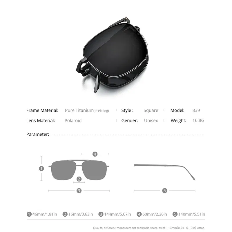 Lenses Color: Brown - FONEX Pure Titanium Polarized Sunglasses Men Folding Classic Square Sun Glasses for Men New High Quality Male Shades 839