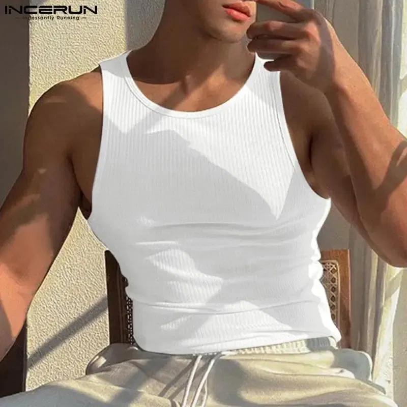 Color: black, Size: XXXL - INCERUN Men Tank Tops Solid Color O-neck Sleeveless Streetwear Summer Casual Vests Skinny 2023 Fashion Leisure Men Clothing 5XL