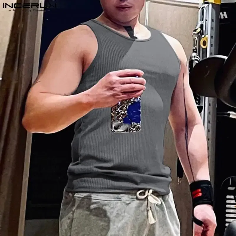 Color: black, Size: XXXL - INCERUN Men Tank Tops Solid Color O-neck Sleeveless Streetwear Summer Casual Vests Skinny 2023 Fashion Leisure Men Clothing 5XL