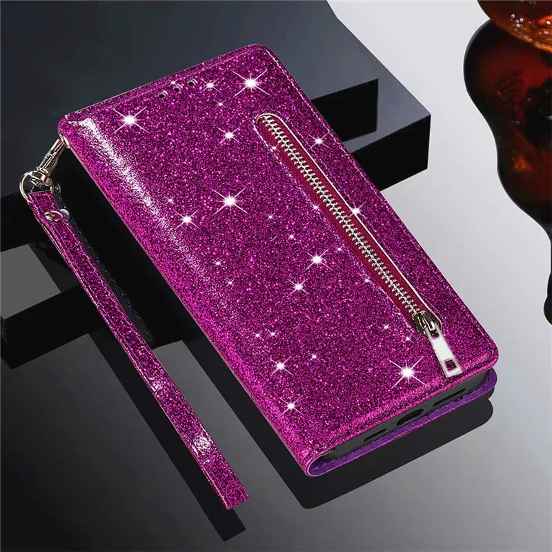 Color: PURPLE, Material: ABS - Zipper Flip Wallet Glitter Leather Case for iPhone 16 15 14 13 12 11 Pro Max XS XR 8 7 Plus SE 2022 Mini Bling Stand Phone Cover