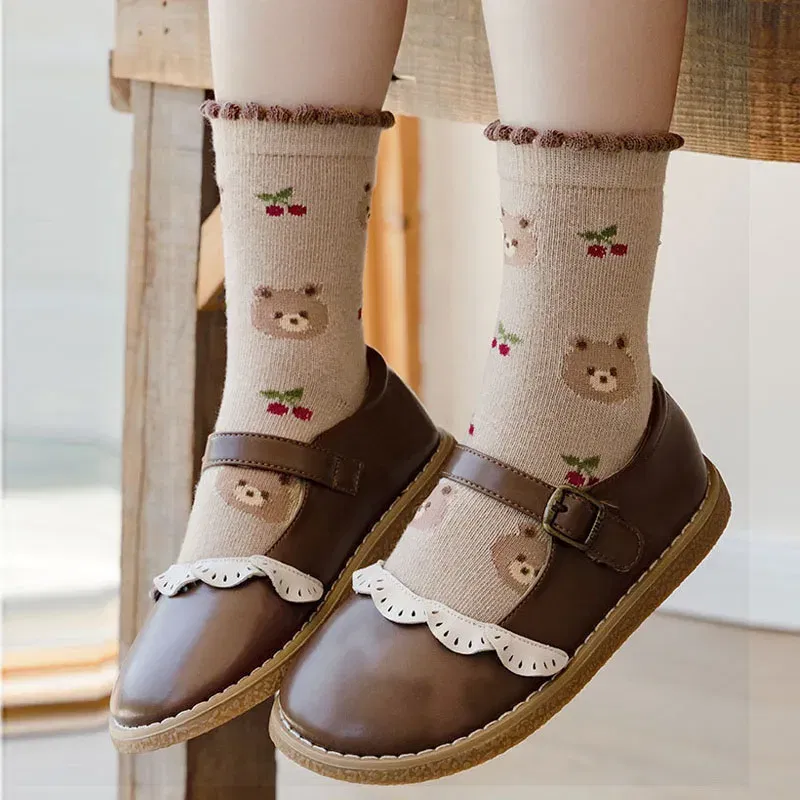Color: SKY BLUE, Size: 10-12T - Autumn Winter Children's Socks Cute Coffee Bear Cartoon Cotton Socks Baby Girls 5 Pairs Mid Calf Socks