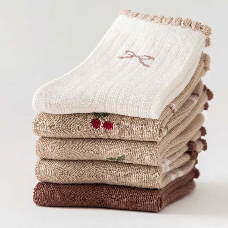 Color: SKY BLUE, Size: 10-12T - Autumn Winter Children's Socks Cute Coffee Bear Cartoon Cotton Socks Baby Girls 5 Pairs Mid Calf Socks