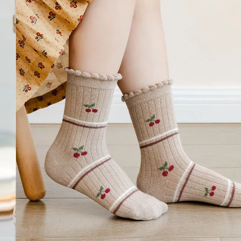 Color: SKY BLUE, Size: 10-12T - Autumn Winter Children's Socks Cute Coffee Bear Cartoon Cotton Socks Baby Girls 5 Pairs Mid Calf Socks