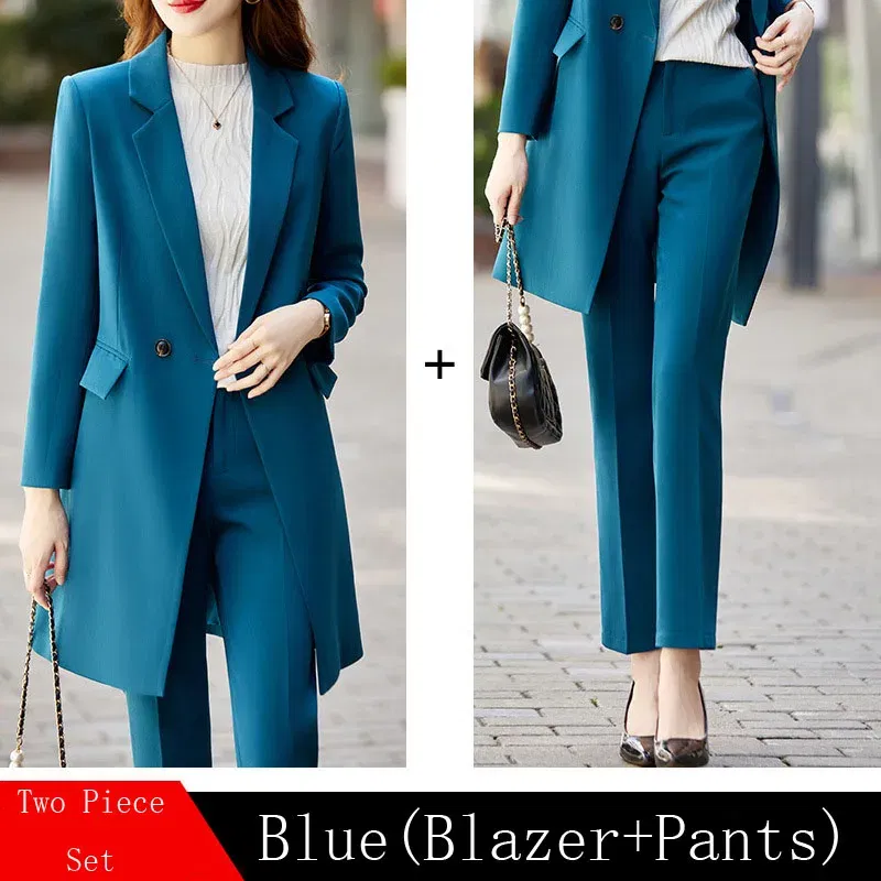 Color: Blue, Size: S, Ships From: CHINA - High End Office Professional Women's Blazer Pants 2-Piece Set Fall Fashion Long Female Jacket Over Business Suit Casual Trousers