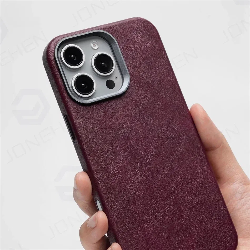 Color: Blue, Material: Genuine Leather - High-end Retro Oil Wax Pattern Magnetic For Magsafe Leather Case For iPhone Air 15 14 Plus 13 16 17 Pro Max Camera Button Cover
