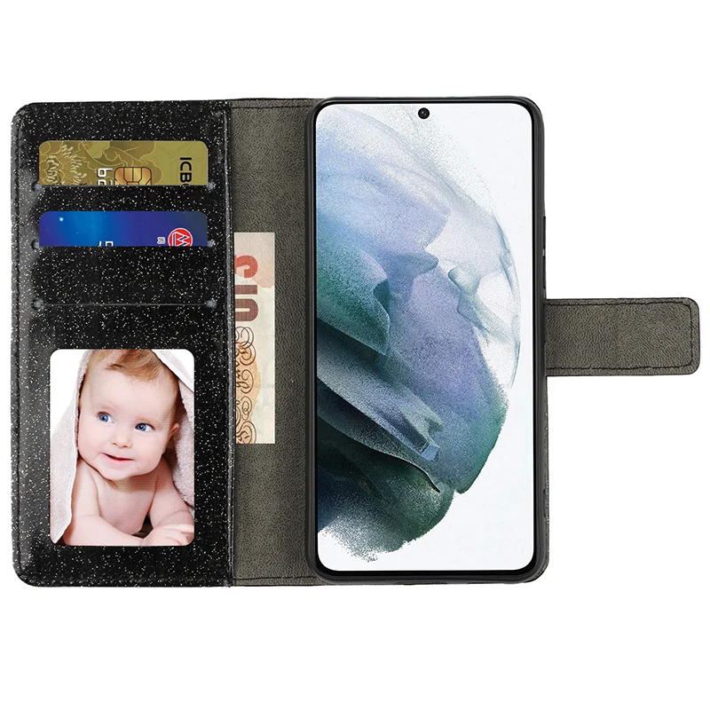 Color: Silver, Material: Cotton Fabric - Glitter Diamond Wallet Leather Case For Samsung Galaxy A14 A15 A16 A35 A55 A34 A54 S25 Ultra S24 FE S23 S22 S21 S20 Plus