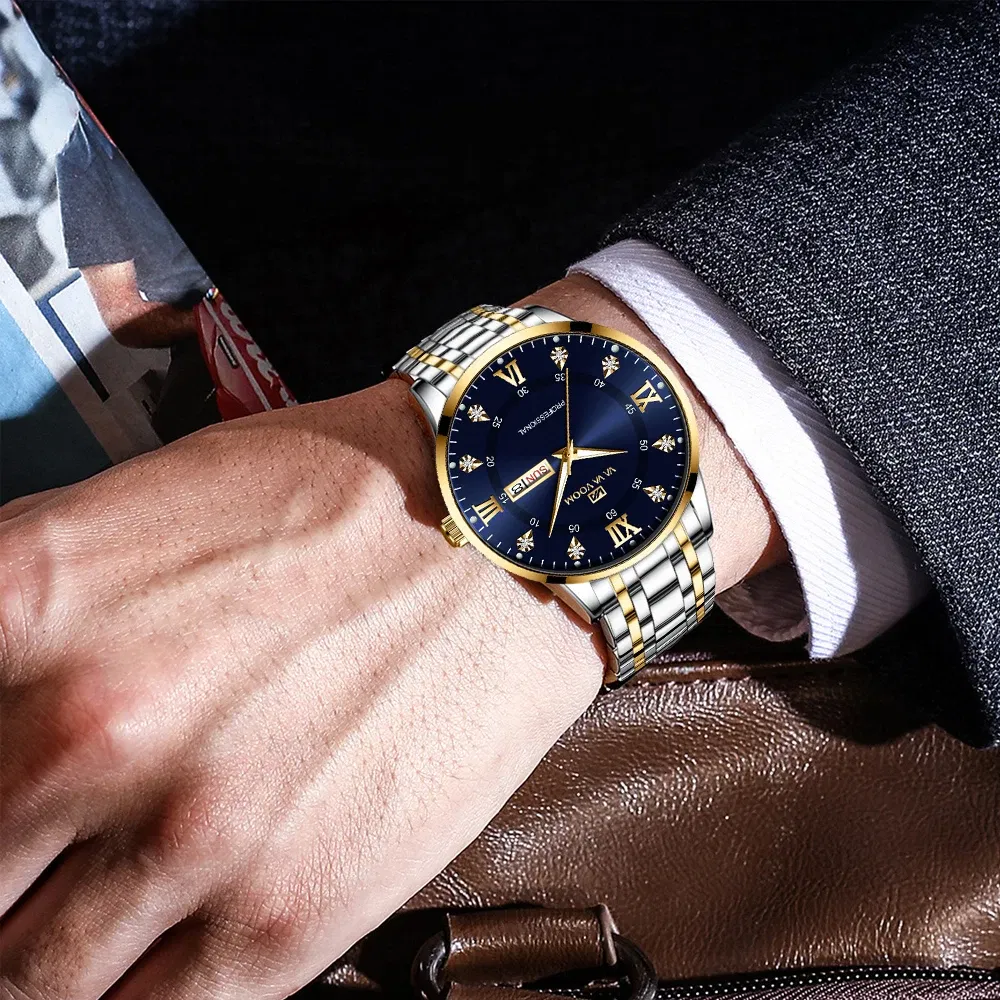 Color: Coffee - Top Brand Men Watch Stainless Steel Top Quailty Luxury Push Button Hidden Clasp Waterproof Luminous Date Week Sport Wrist Watch