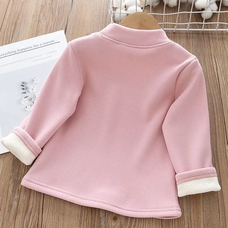 Color: Beige, Kid Size: 2T - 1pcs Children's T-Shirts Rabbit Embroidery Velvet warm top Kids Half High Collar Long Sleeve Base Shirt Girls Tshirts Clothes