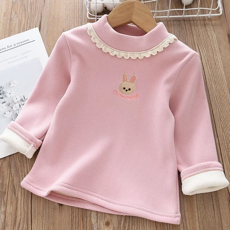 Color: Beige, Kid Size: 2T - 1pcs Children's T-Shirts Rabbit Embroidery Velvet warm top Kids Half High Collar Long Sleeve Base Shirt Girls Tshirts Clothes