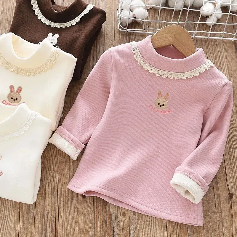 Color: Beige, Kid Size: 2T - 1pcs Children's T-Shirts Rabbit Embroidery Velvet warm top Kids Half High Collar Long Sleeve Base Shirt Girls Tshirts Clothes