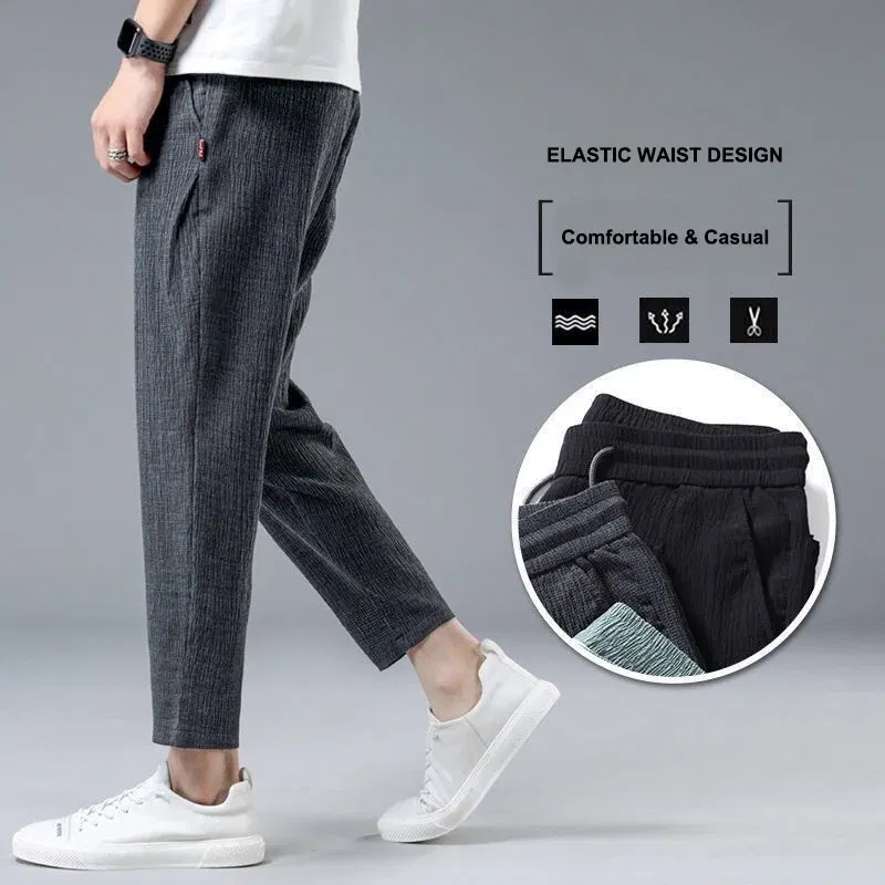 Color: black, Size: XXXL - Summer Ice Silk Man Jogger Linen Pants Casual Wide Summer Sweatpants Male Spring Lightweight Halking Harem Trousers