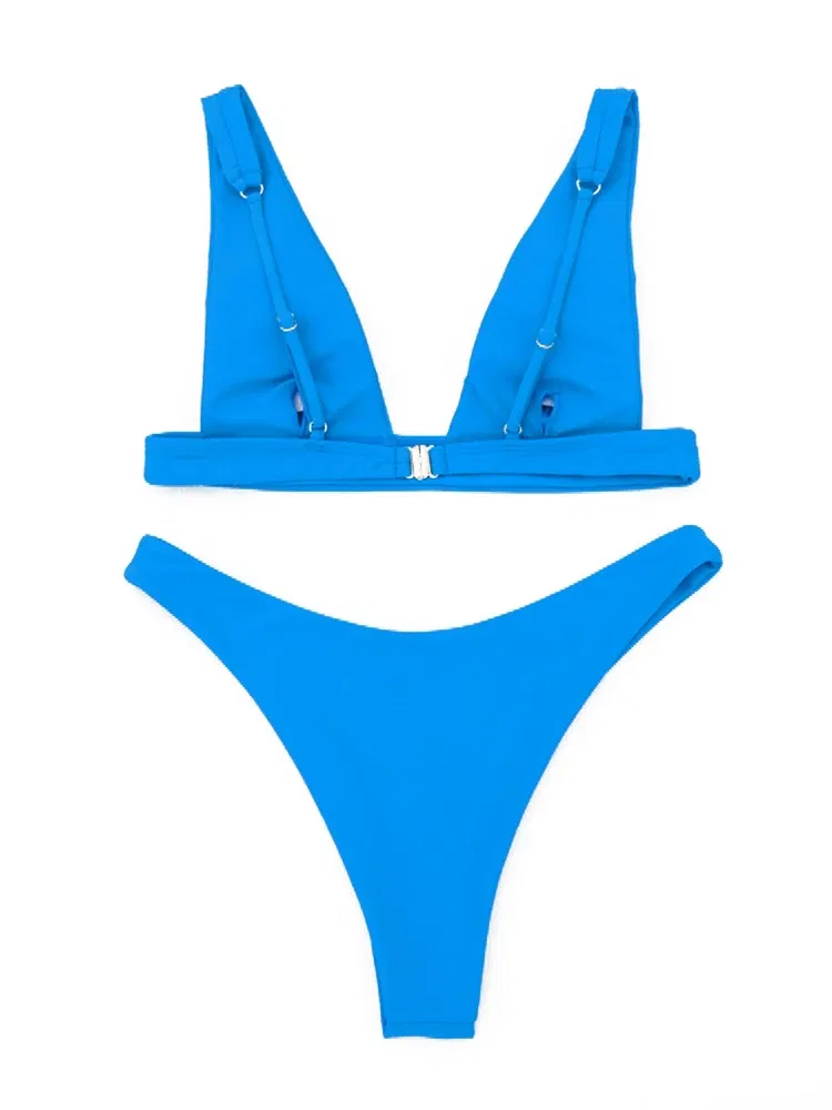 Color: Beige, Size: M - 2023 New Sexy Solid Bikini Women V-neck Swimwear Two Pieces Swimsuit Female Low Waist Bikini Set Brazilian Bathing Suit Bathers