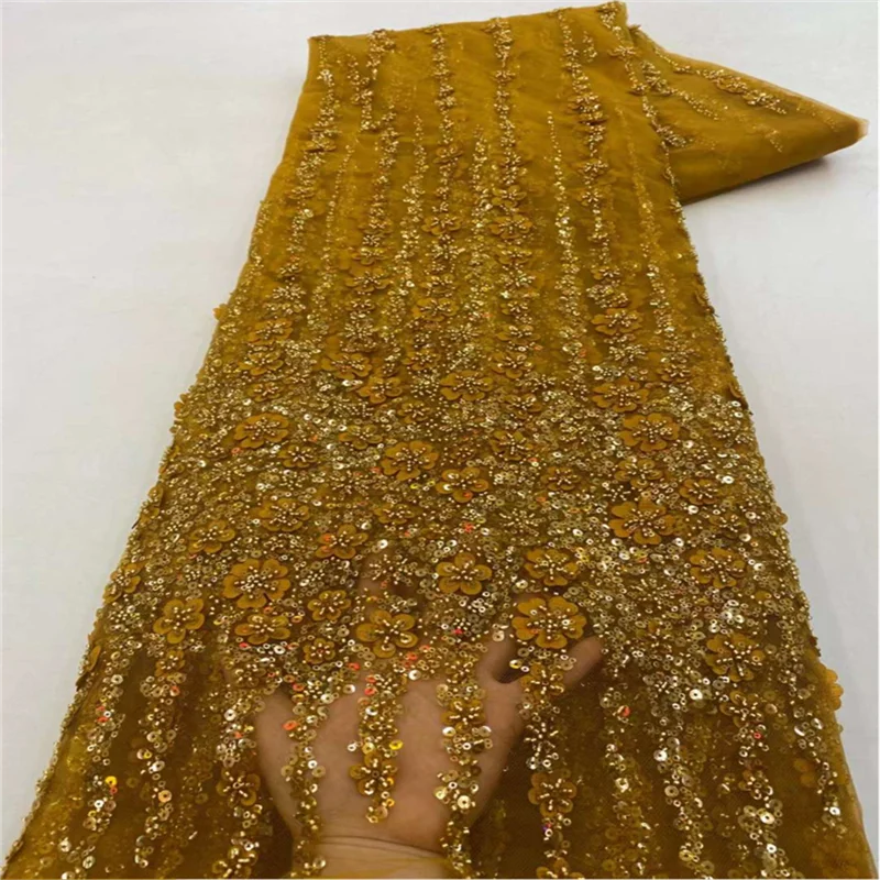 Color: black, Length: 5 yards, Width: 120cm - White African Beads Groom Tulle lace Fabric 2025 High Quality Sequins Embroidery French Tulle Laces For Nigeiran Party Dress
