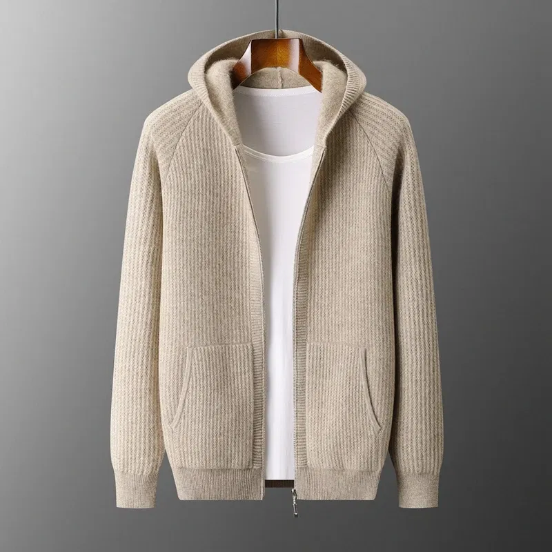 Color: Brown, Size: S, Ships From: CHINA - New Product 100% Merino Wool Knitted Cardigan For Men Hooded Sweater Casual High-end Jacket Men's long Sleeved Wool Sweater Coat