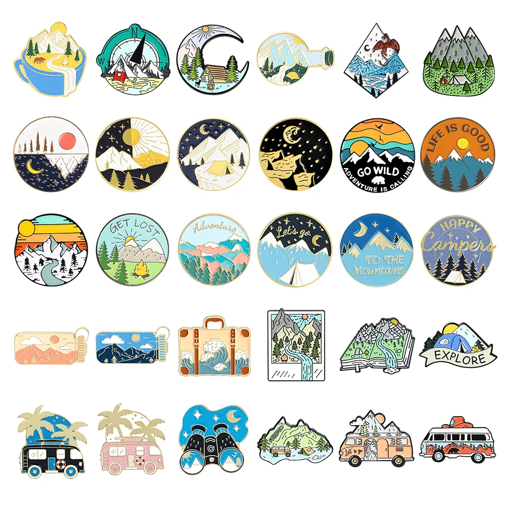 Metal color: NONE - Travel Brooch Field Crossing Hiking Scenery Snow Scene Mountain Peak Alloy Clothing Accessories Backpack Brooch Badge Lapel Pins