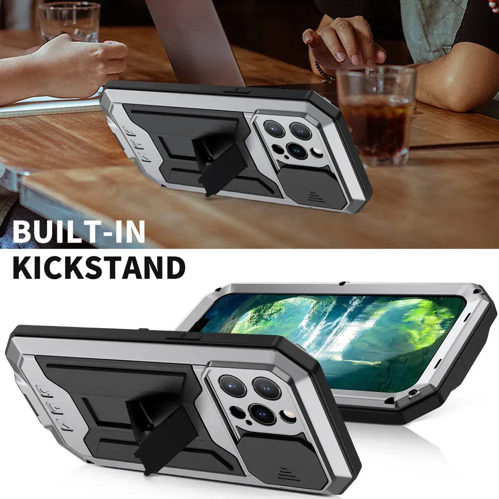 Color: Yellow, Material: EVA - Heavy Duty Metal Aluminum Case For iPhone 14 13 15 Pro Max Military Grade Shockproof Bumpers Armor Kickstand Camera Slider Cases