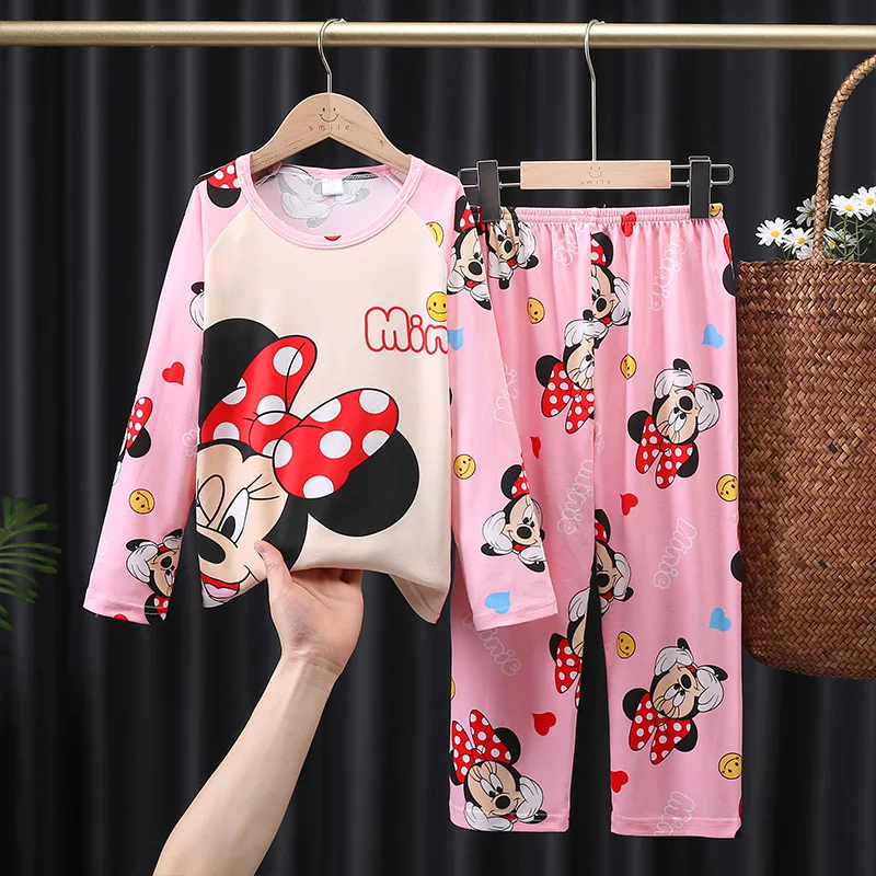 Color: Blue, Kid Size: 8T - 2pcs/set New Children Pyjamas Minnie Elsa Duck Cartoon Girls Sets Kid Home Wear boys and girls Travel Casual Sleepwear Suit