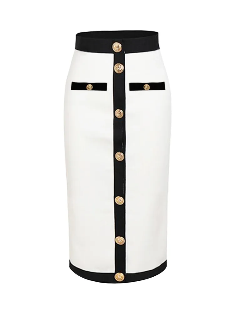 Color: WHITE, Size: M - New Arrival Women Button Patchwork White Black Bodycon Bandage Skirt 2024 Designer High Waist Party Club Pencil Skirt 60cm