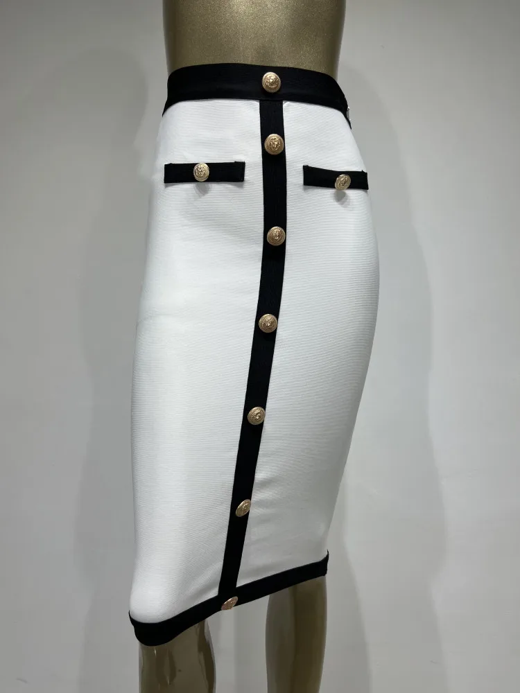 Color: WHITE, Size: M - New Arrival Women Button Patchwork White Black Bodycon Bandage Skirt 2024 Designer High Waist Party Club Pencil Skirt 60cm
