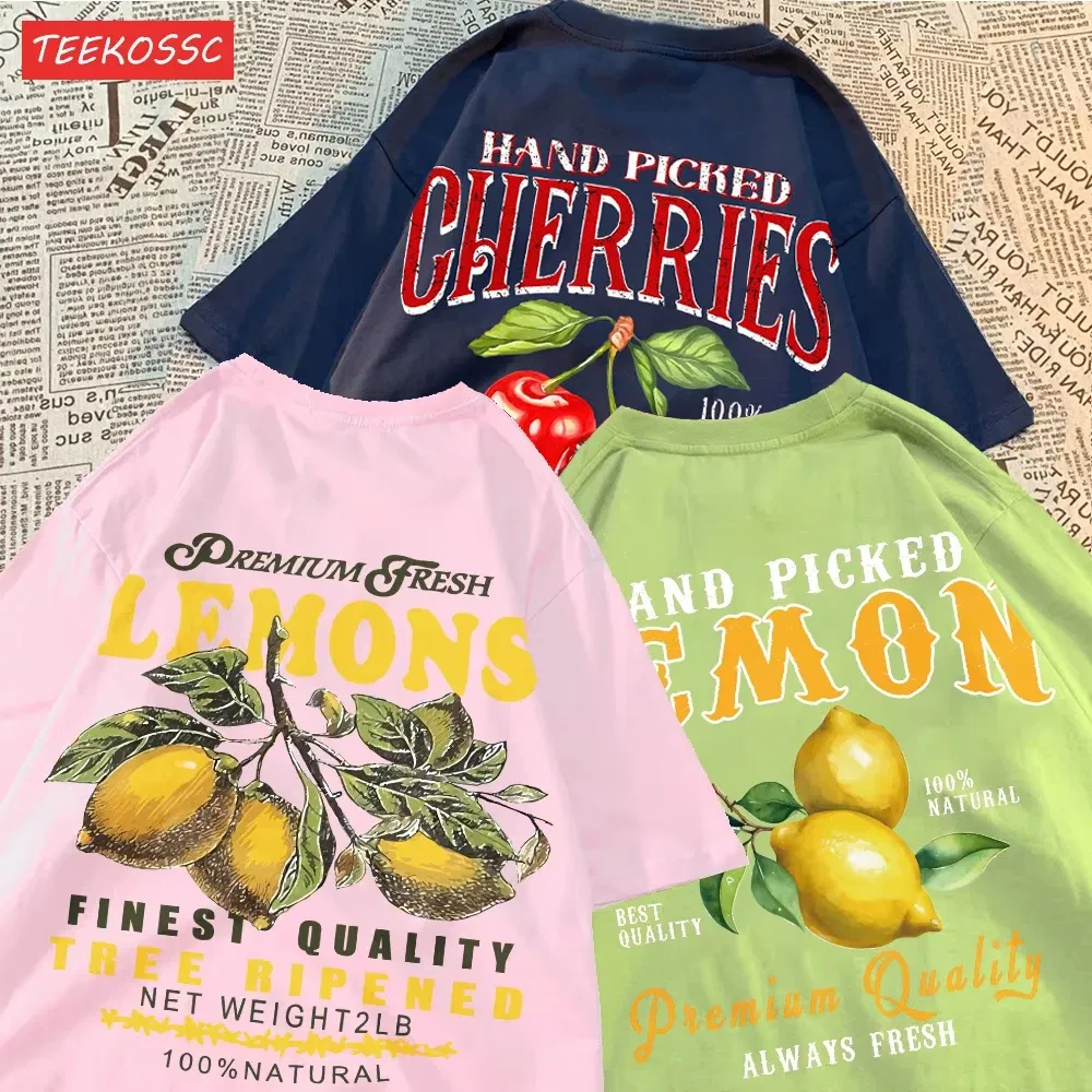 Color: Maroon, Size: L - Summer Lemon Cherries Prints T-Shirts Cotton Women's Tops Oversize O-Neck Soft Short Sleeve tees Street Casual Womans Clothes