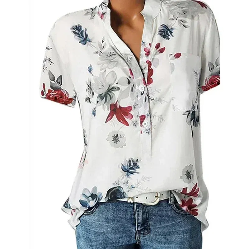 Color: WHITE, Size: XL - Temperament new women's shirt printing large size casual shirt loose V-neck short-sleeved shirt blouse