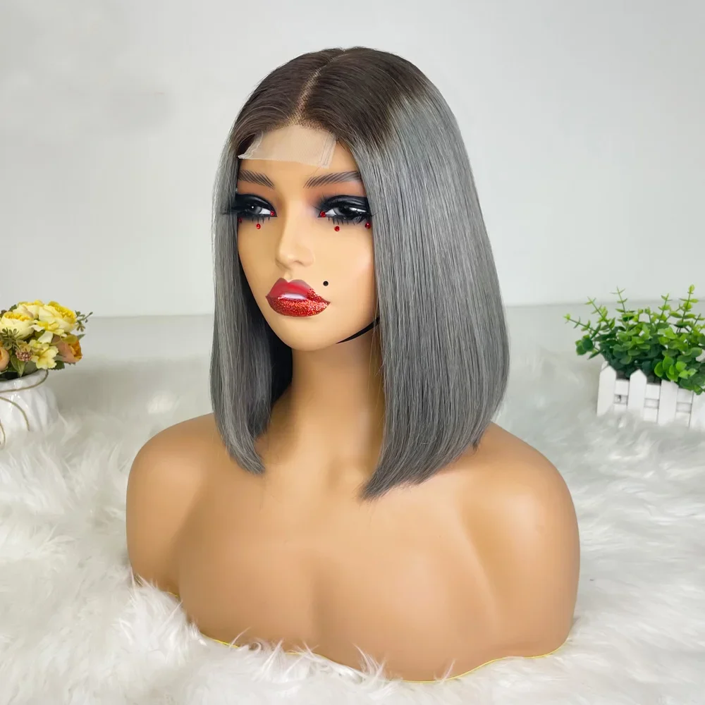 Hair Color: #18, Stretched Length: 10inches, Density: 100% - 250% Density Grey 2x6 Lace Closure Wigs Straight Bob Glueless Wig Gray Vietnamese Human Hair Super Double Drawn Wigs Pre Plucked