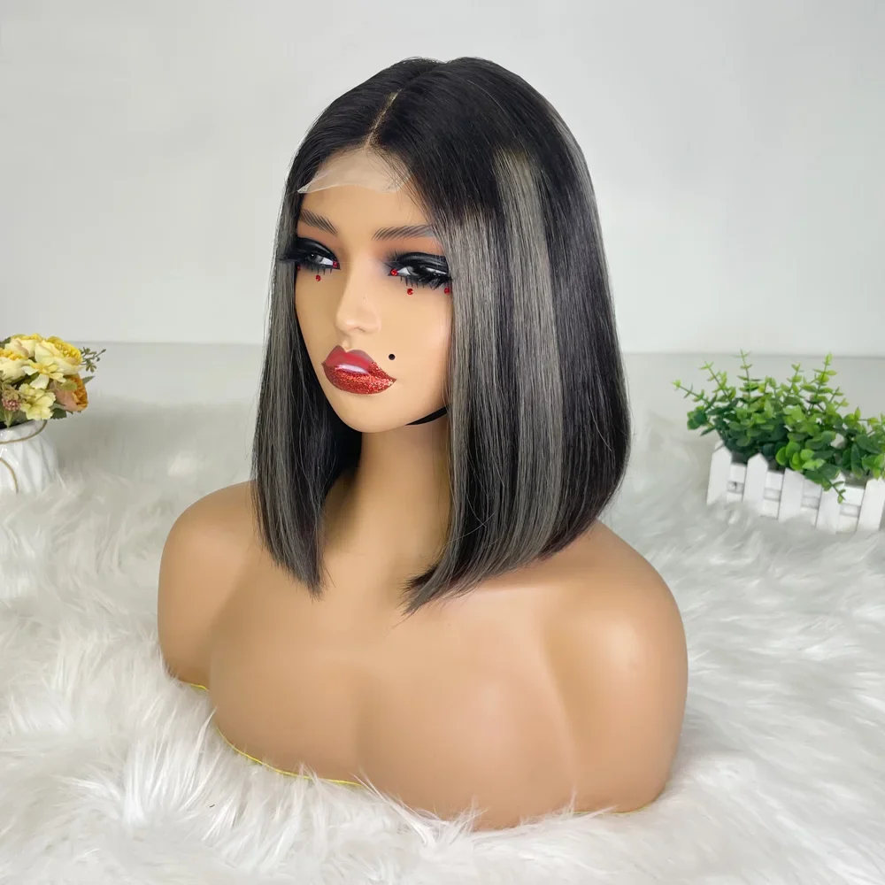 Hair Color: #18, Stretched Length: 10inches, Density: 100% - 250% Density Grey 2x6 Lace Closure Wigs Straight Bob Glueless Wig Gray Vietnamese Human Hair Super Double Drawn Wigs Pre Plucked