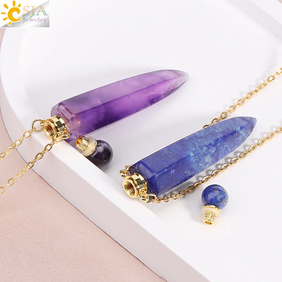 Metal color: Antique Copper Plated - CSJA Crystal Perfume Bottle Women Necklace Natural Stone Hexagonal Cone Pendant Reiki Oil Diffuser Necklaces Christmas Gift H358