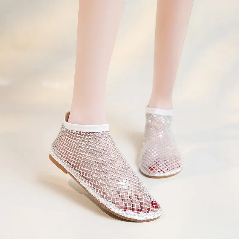 Color: Gold, Shoe Size: 42 - Women Summer New Fashion Mesh Luxurious Rhinestone Designer Simple Solid Color Sandals Daily Versatile Round Toe Womens Sandal