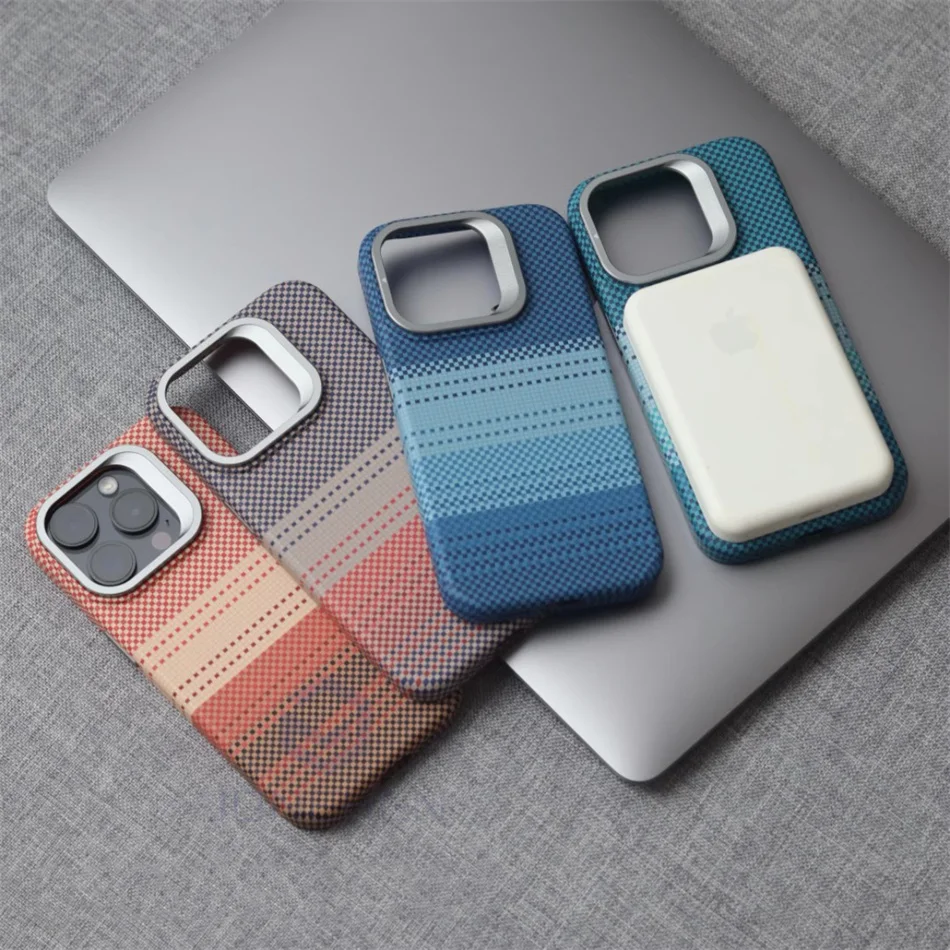 Color: GRAY, Material: PP - Luxury Magnetic Stand Metal Lens Relief Carbon Fibre Pattern For Magsafe Case For iPhone 15 14 13 Pro Max Shockproof Back Cover