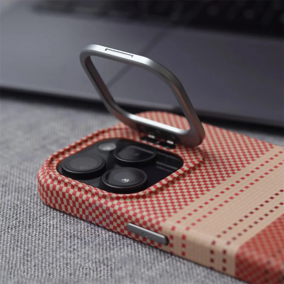 Color: GRAY, Material: PP - Luxury Magnetic Stand Metal Lens Relief Carbon Fibre Pattern For Magsafe Case For iPhone 15 14 13 Pro Max Shockproof Back Cover