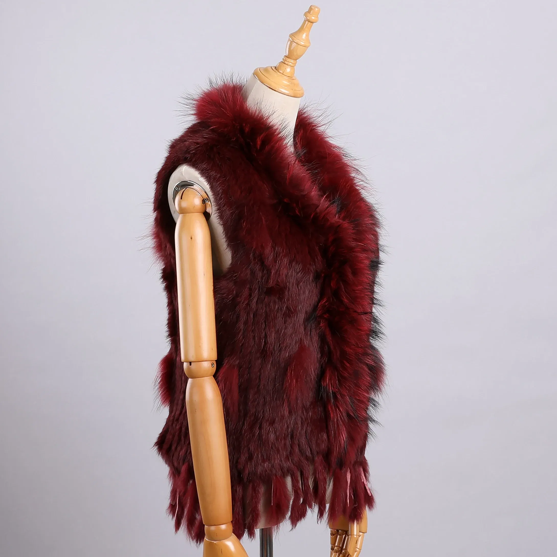 Color: Claret, Size: M - Luxury Women's Genuine Premium Long Hair Rabbit Fur Knit Vest Raccoon Fur Trim Gilet Lady Sleeveless Waistcoat Real Fur Jacket