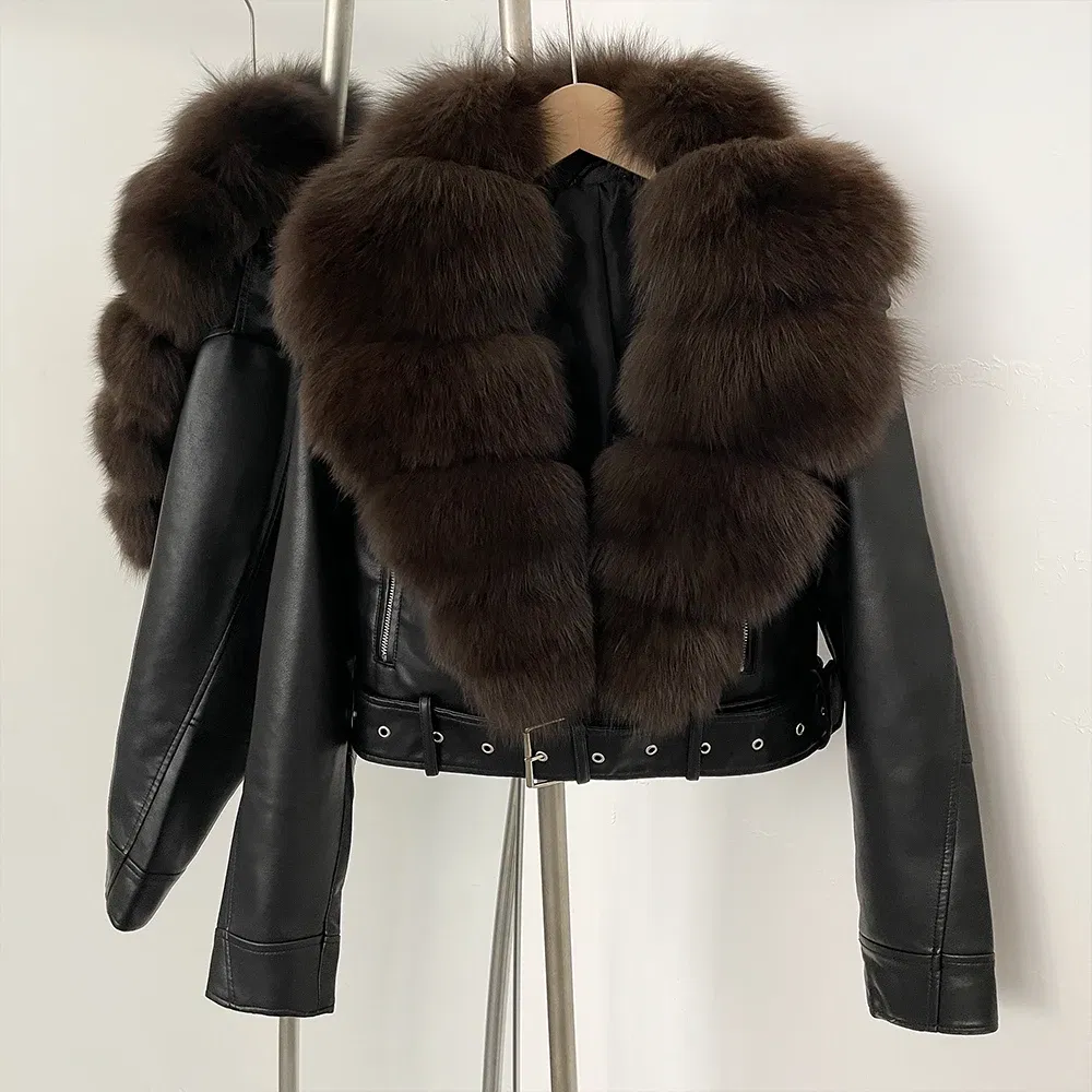Color: Mint, Size: L - Fake Leather Coat New Natural Fox Fur Autumn Short Faux Leather Jacket Female Spring PU Women Long Sleeve Real Fur Coat Thin