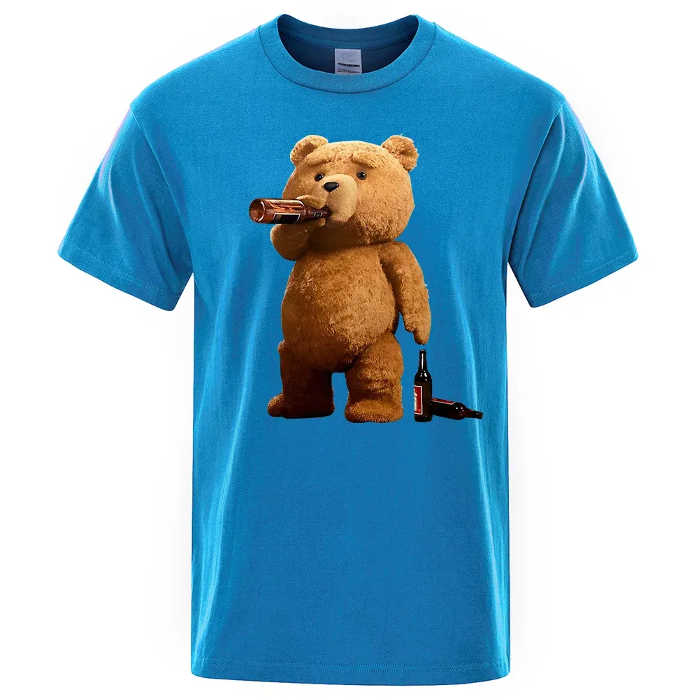 Color: SKY BLUE, Size: XL - Lovely Ted Bear Drink Beer Poster Funny Printed T-Shirt Men Fashion Casual Short Sleeves Loose Oversize Tee Street Hip Hop Tops