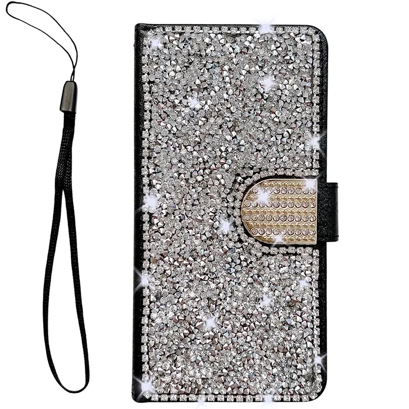 Color: black, Material: Silicon - Glitter Diamond Wallet Leather Case For Samsung Galaxy A14 A15 A16 A35 A55 A34 A54 S25 Ultra S24 FE S23 S22 S21 S20 Plus