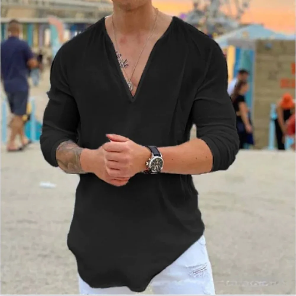 Color: Blue, Size: S, Ships From: CHINA - New men's Casual Shirt Trend Fashion V-Neck Loose Street Style Solid Color Long-Sleeved Pullover Spring And Autumn Tops