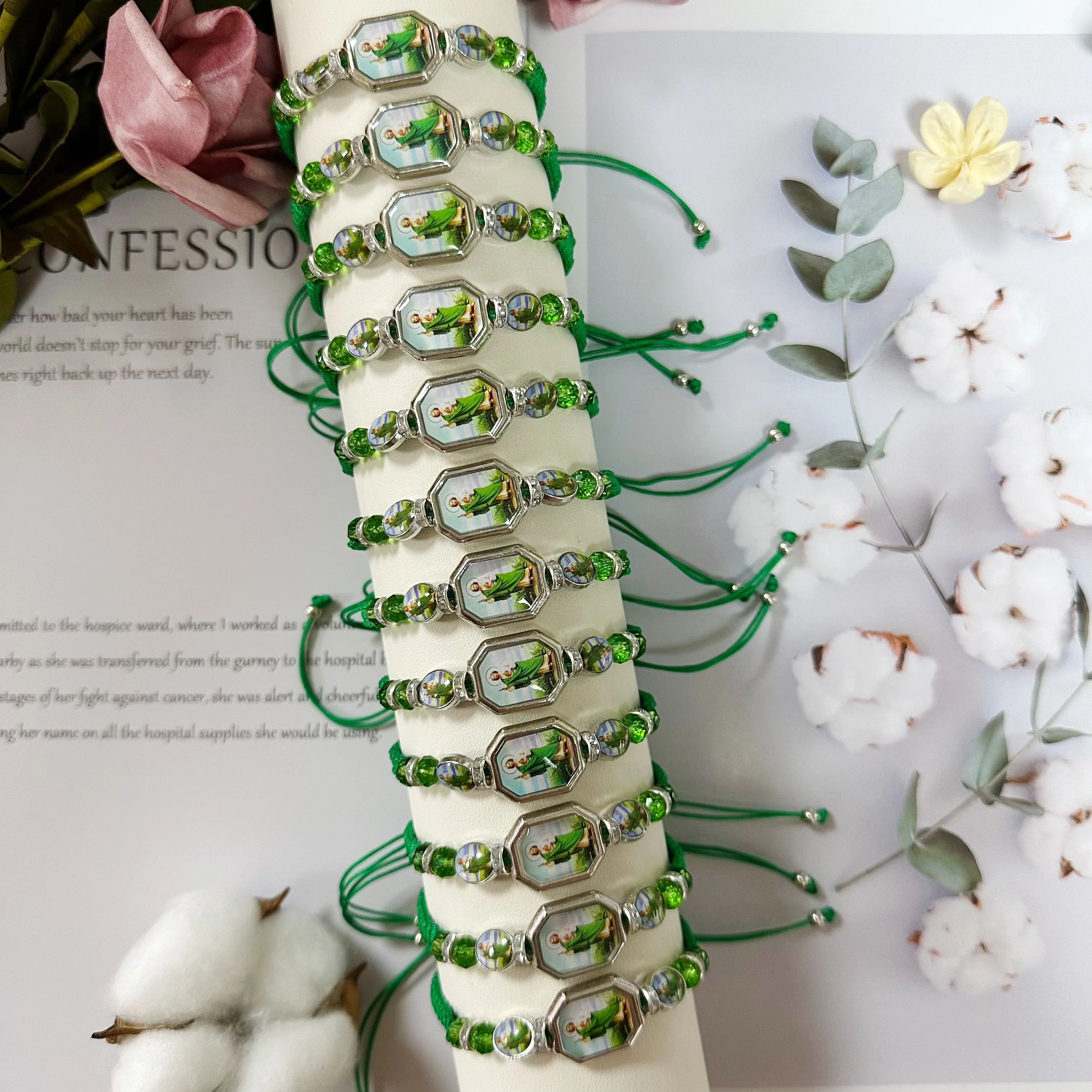 Metal Color: Rhodium Plated - 12 Pieces Mexican Bracelets Saint Jude Bracelet Catholic Green Handmade String Bracelets San Judas Tadeo Rosary Bracelet Gift