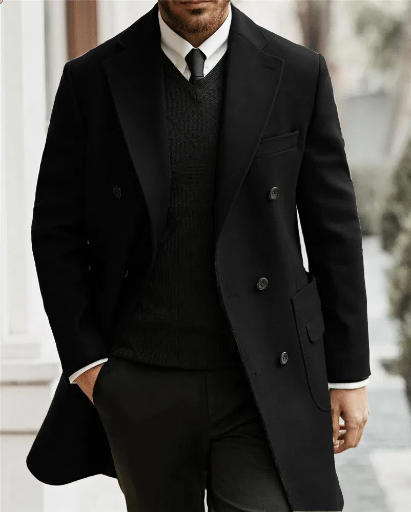 Color: black, Size: L - Classic Man Trench Coat Customized Notched Lapel Full Man Terno Double Breasted Elegant Gentleman Long Coat Men's Winter Jacket