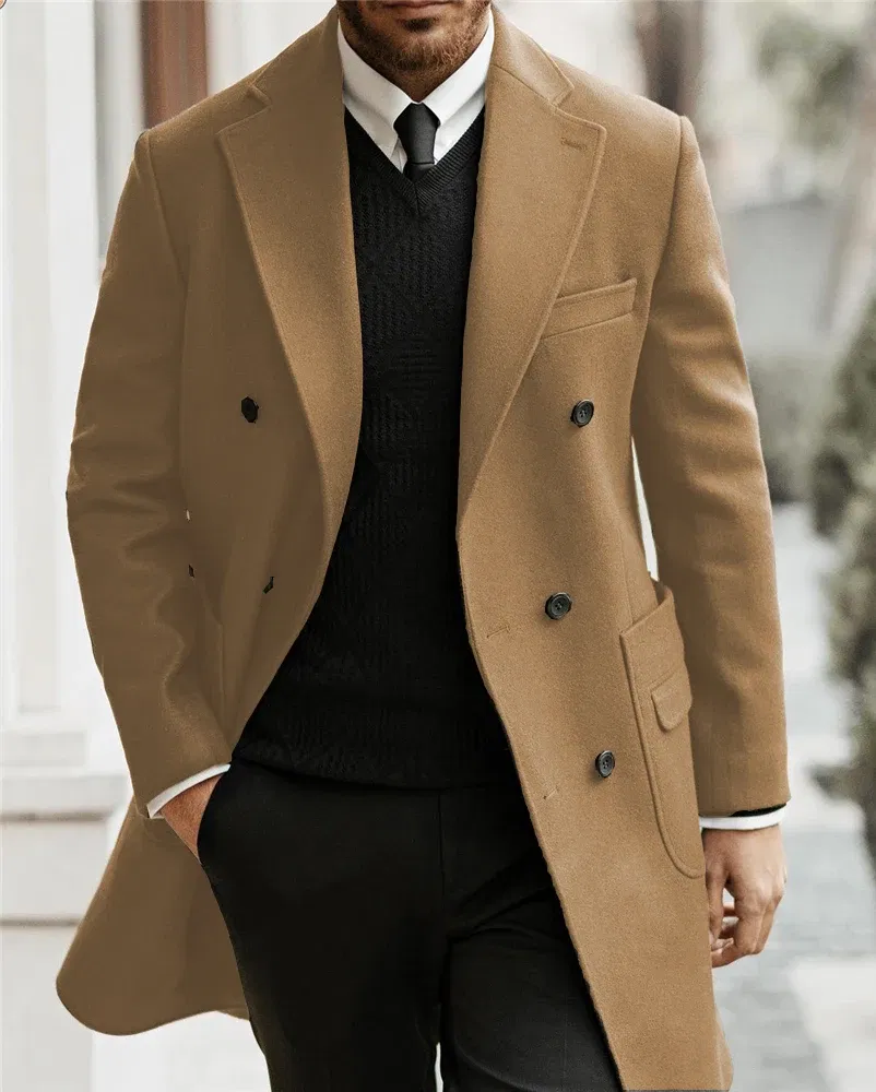 Color: black, Size: L - Classic Man Trench Coat Customized Notched Lapel Full Man Terno Double Breasted Elegant Gentleman Long Coat Men's Winter Jacket