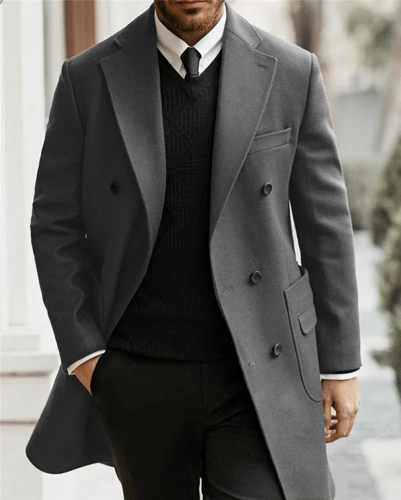 Color: black, Size: L - Classic Man Trench Coat Customized Notched Lapel Full Man Terno Double Breasted Elegant Gentleman Long Coat Men's Winter Jacket