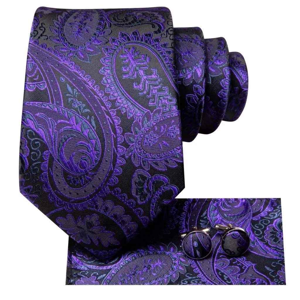 Color: Silver - Hi-Tie Purple Paisley Silk Elegent Tie for Men Novelty Design Handky cufflink Tie Set Party Business Wedding Dropshipping