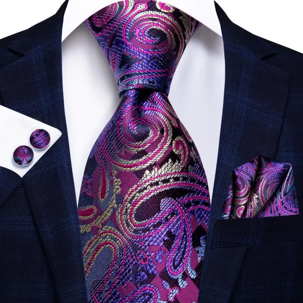 Color: Silver - Hi-Tie Purple Paisley Silk Elegent Tie for Men Novelty Design Handky cufflink Tie Set Party Business Wedding Dropshipping