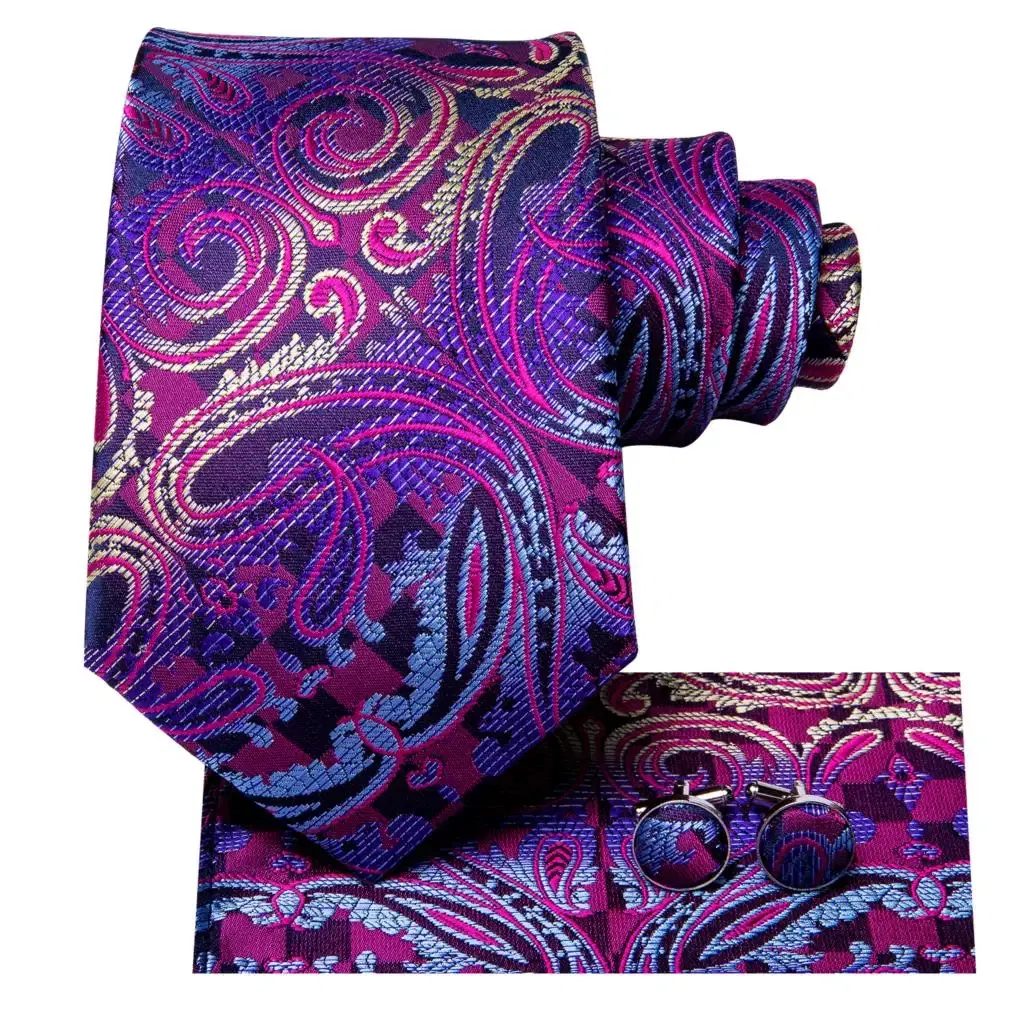Color: Silver - Hi-Tie Purple Paisley Silk Elegent Tie for Men Novelty Design Handky cufflink Tie Set Party Business Wedding Dropshipping