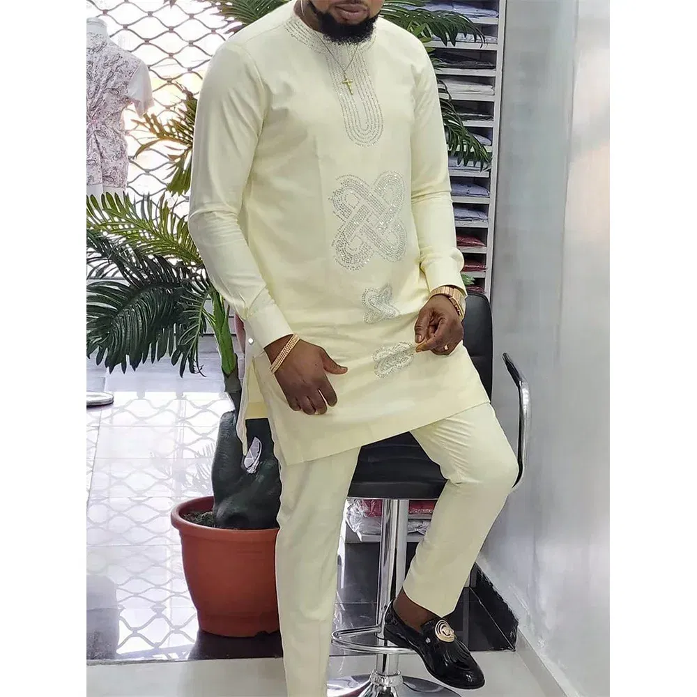 Color: green, Size: XXL - 2024 New African Traditional Men's Set Elegant and Fashionable Men's Suit Casual Embroidery Two Piece Set Men's Suit Kaftan