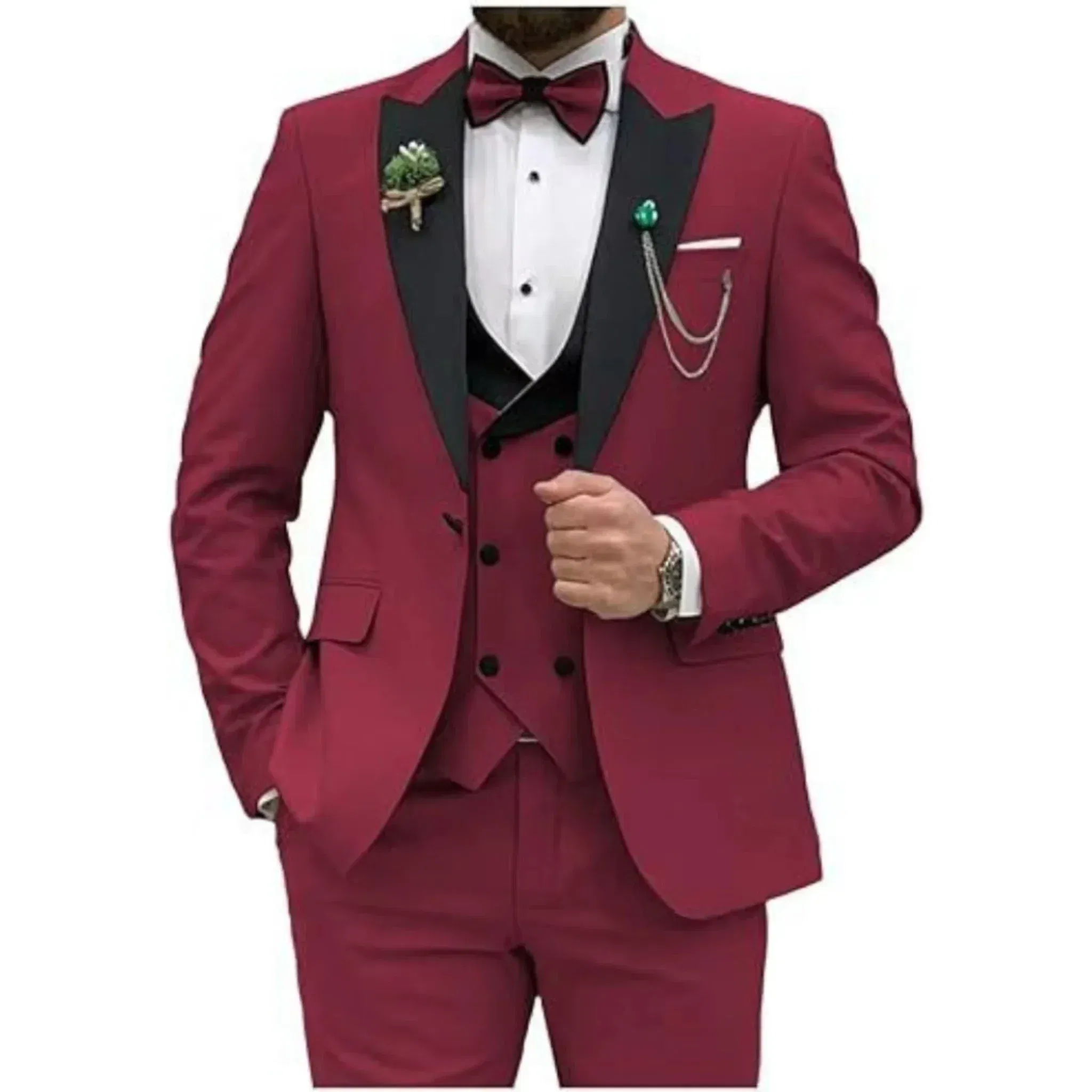 Color: Burgundy, Size: XXL - Men Suit Colorful Luxury Blazer Vest And Pant Sets 3 Piece Birthday Dress Business Prom Evening Party Costumes High Quality