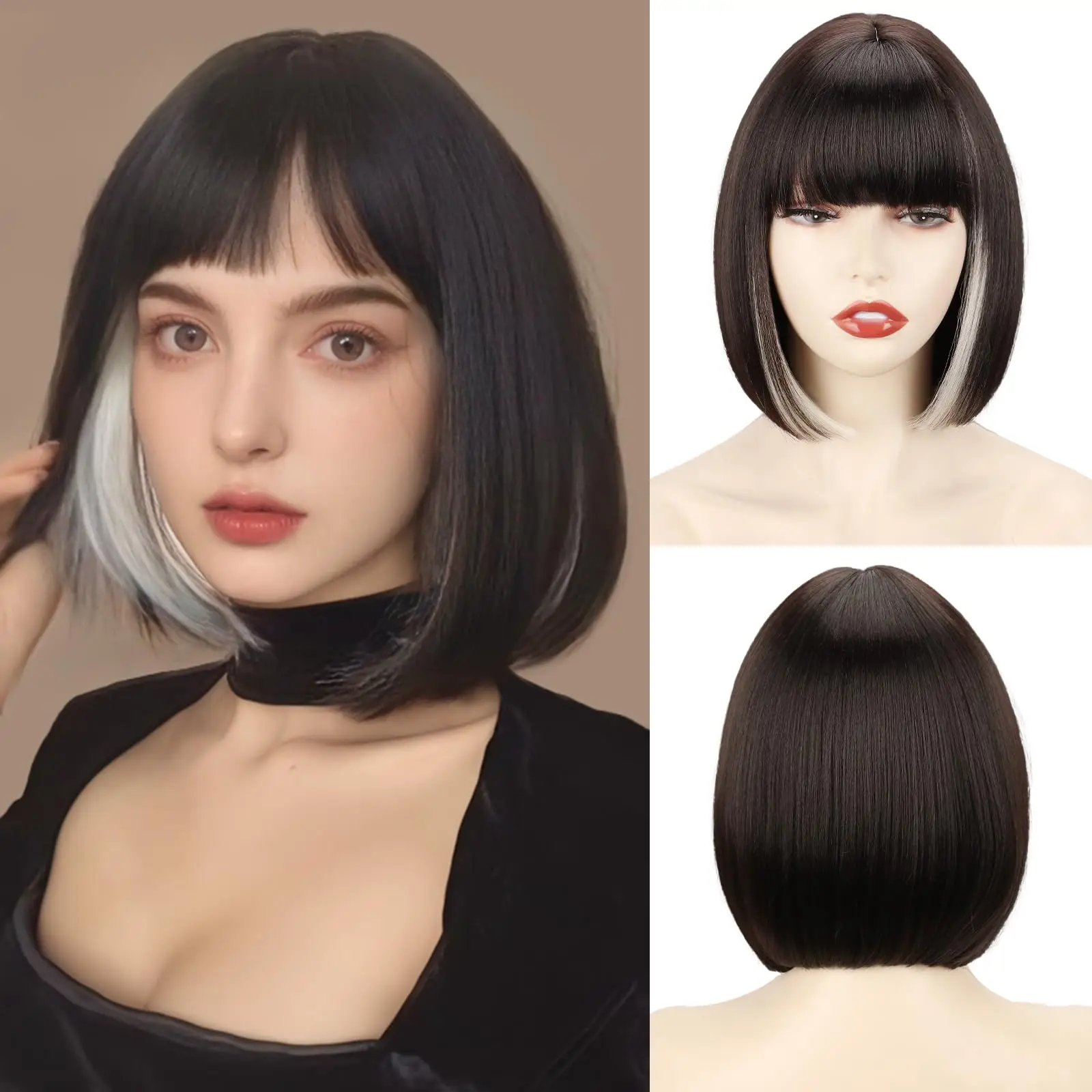 Color: T1B/PURPLE, Stretched Length: 12inches - Bob Black Synthetic Wigs Straight Cosplay Short Daily Natural Looking Hair Wig with Bangs Heat Resistant Fiber for Women Afro