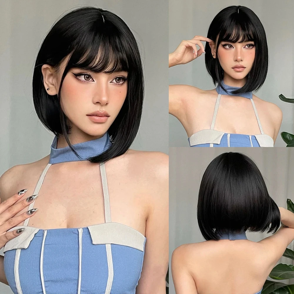 Color: T1B/PURPLE, Stretched Length: 12inches - Bob Black Synthetic Wigs Straight Cosplay Short Daily Natural Looking Hair Wig with Bangs Heat Resistant Fiber for Women Afro