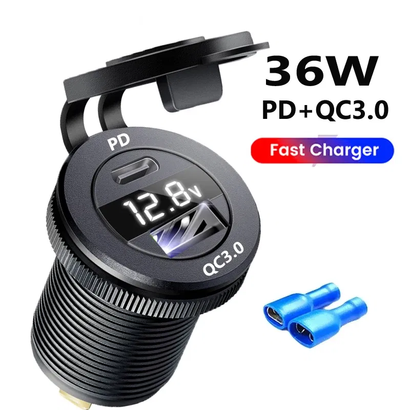 Color Name: GRAY, Ships From: CHINA - 12V Car Fast Charger Power Socket QC3.0 and PD USB Port Car Charger Adapter fast charging for Car Boat Marine RV Motorcycle