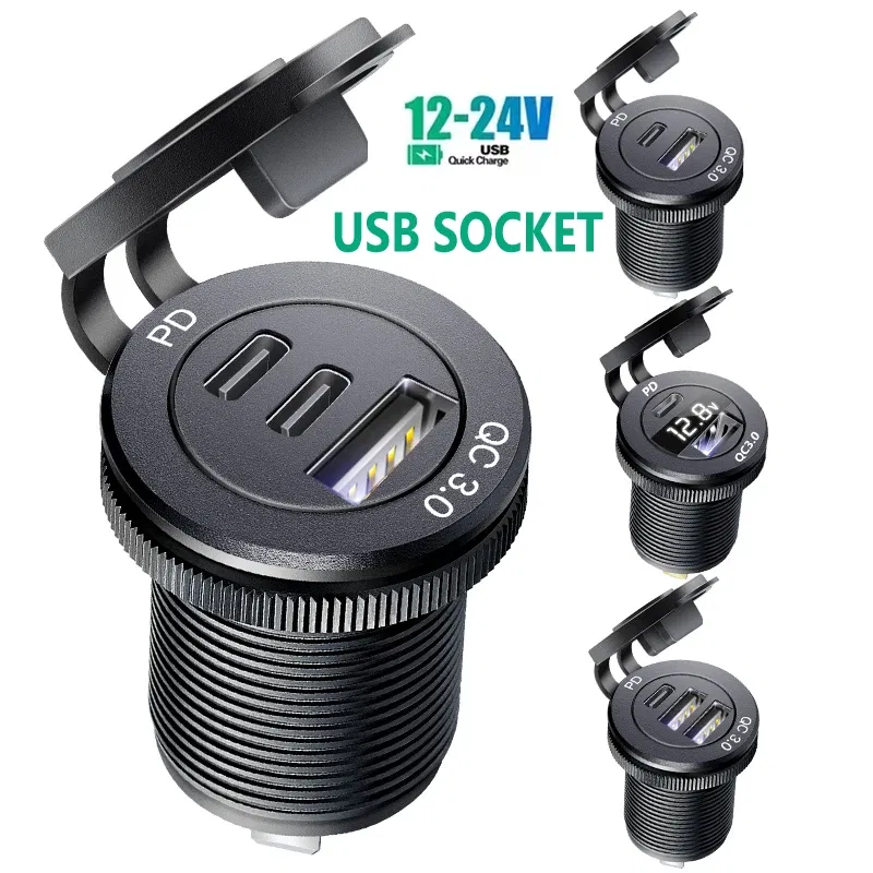 Color Name: GRAY, Ships From: CHINA - 12V Car Fast Charger Power Socket QC3.0 and PD USB Port Car Charger Adapter fast charging for Car Boat Marine RV Motorcycle